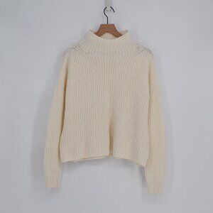 Anthropologie Mockneck Chunky Knit Sweater Womens M Cream Ribbed Drop Shoulders